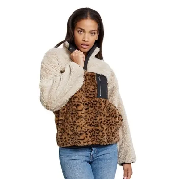 RAILS Saga Leopard Print Faux Shearling Pullover Fleece Jacket